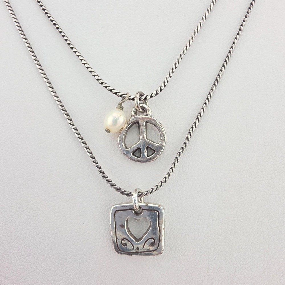 BRIGHTON Layered Necklace Freshwater Pearl Peace Heart Charms Silver Plate 20"